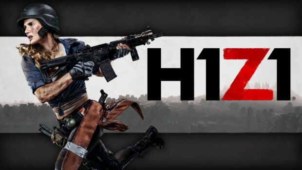 A soldier armed with a rifle runs in front of the H1Z1 logo, HD Desktop Wallpaper