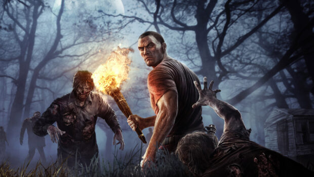 A man holds a torch while facing zombies in a dark forest in H1Z1 Wallpapers, HD Desktop Wallpaper
