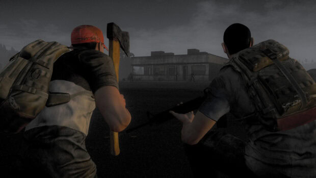 Two H1Z1 characters prepare to enter a building with weapons under dark sky, HD Desktop Wallpaper
