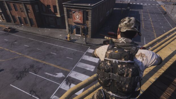 A character in H1Z1 is aiming a sniper rifle from a rooftop overlooking a city street, HD Desktop Wallpaper