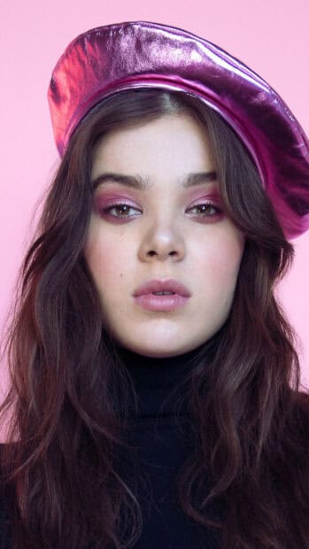 A close up portrait of Hailee Steinfeld with a pink hat and makeup, HD Mobile Wallpaper
