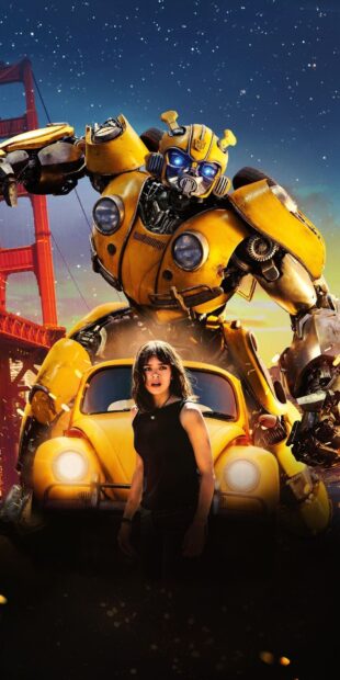 Hailee Steinfeld stands in front of a yellow robot and car in a vibrant sunset scene, HD Phone Wallpaper