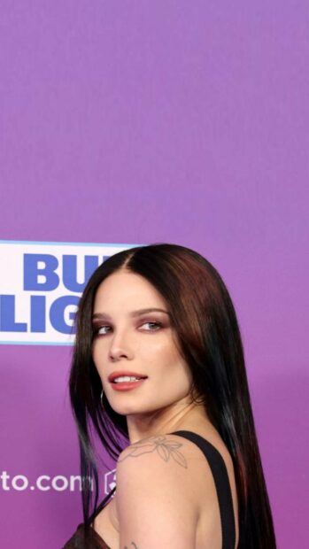 Halsey Wallpapers showing her tattoo and sleek hair against a purple background, HD Mobile Wallpaper