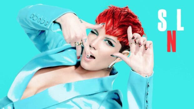 Halsey Wallpapers showing a confident pose with vibrant red hair and blue jacket, HD Desktop Wallpaper
