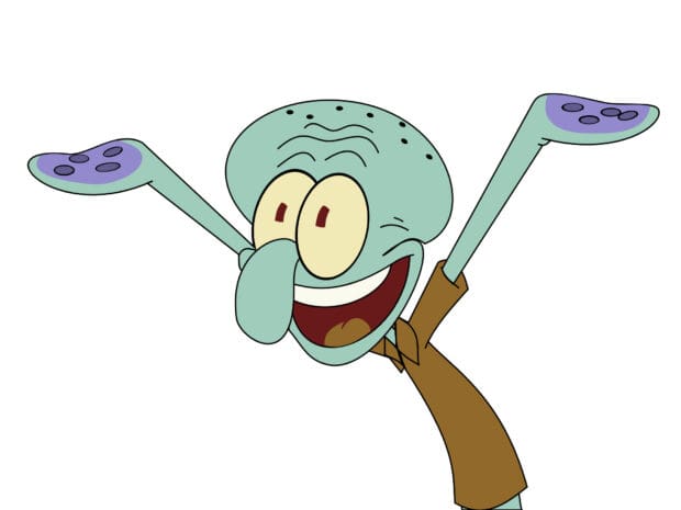 Happy Squidward from SpongeBob Squarepants is raising his arms joyfully in this cheerful cartoon, HD Mobile Wallpaper