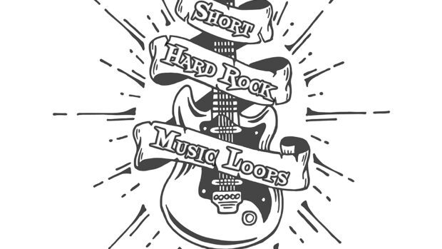 A detailed black and white illustration features a guitar with hard rock music loops banner, HD Desktop Wallpaper