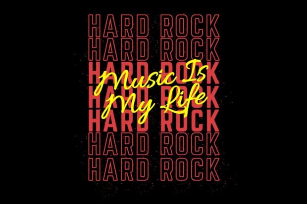 The design features bold hard rock typography with a yellow music quote, HD Desktop Wallpaper