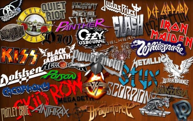 A collage of hard rock band logos on a wooden background features classic rock names, HD Desktop Wallpaper