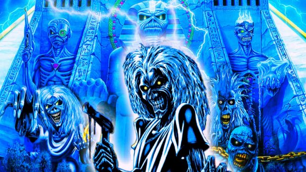 Hard rock inspired dark characters with glowing eyes and blue tones stand in front of an ancient temple, HD Desktop Wallpaper