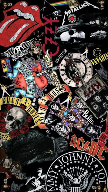Various hard rock band logos and symbols are displayed in a collage style, HD Mobile Wallpaper