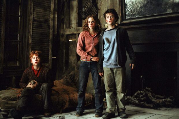 Harry Potter and friends stand cautiously in a dimly lit room, 2K Desktop Wallpaper