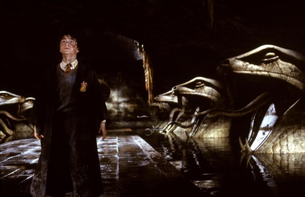 Harry Potter cautiously stands among giant serpent statues in the chamber of secrets, HD Desktop Wallpaper