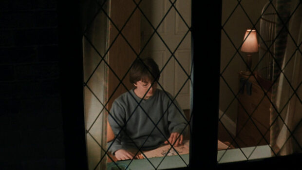 Harry Potter studies a magical book through a window with a lamp in the background, HD Desktop Wallpaper
