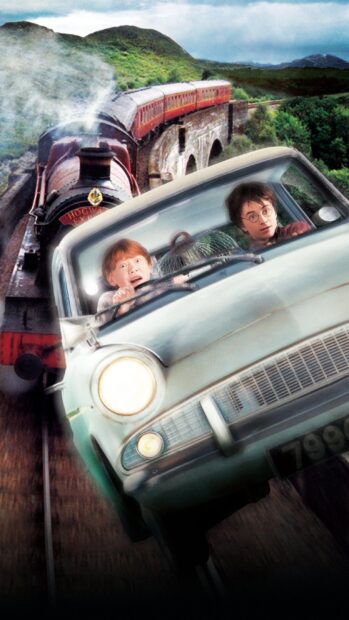 Harry and Ron are driving a flying car near the Hogwarts Express train on the railway, 2K Phone Wallpaper