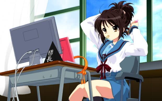 The Melancholy Of Haruhi Suzumiya character sits by a desk near a window, The Melancholy Of Haruhi Suzumiya HD Desktop Wallpaper