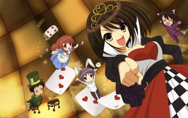 The Melancholy Of Haruhi Suzumiya features characters in a whimsical Wonderland setting, HD Desktop Wallpaper