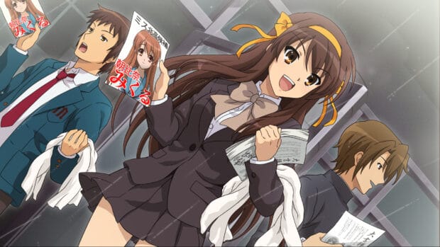Haruhi Suzumiya and classmates distribute flyers with enthusiasm, HD Desktop Wallpaper