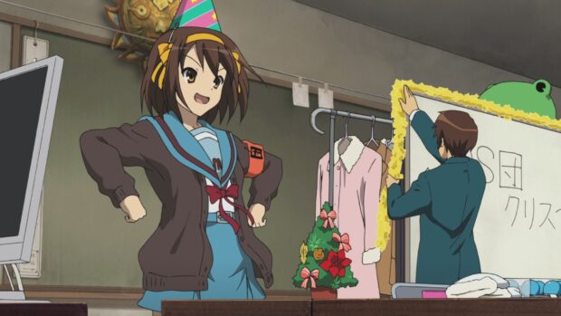 Haruhi Suzumiya is celebrating with a joyful pose inside a classroom, HD Desktop Wallpaper