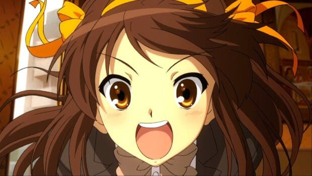 Haruhi Suzumiya is shown with a joyful and energetic expression in this scene, HD Desktop Wallpaper