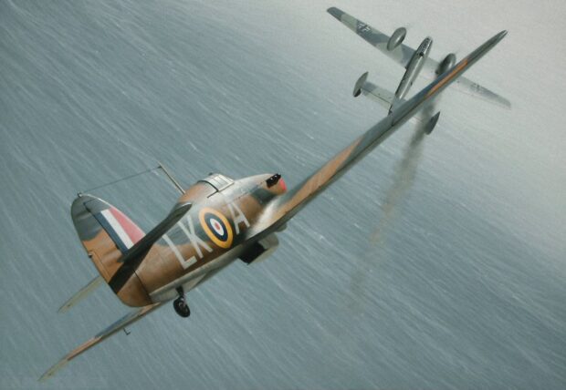 A Hawker Hurricane aircraft engages an enemy plane above the sea surface, HD Desktop Wallpaper