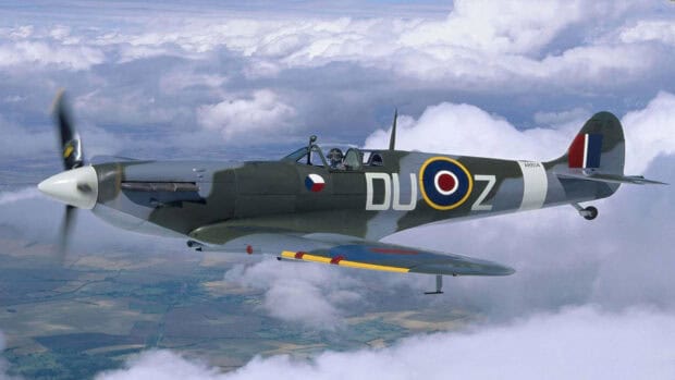 A Hawker Hurricane fighter plane flies above clouds with clear skies, HD Desktop Wallpaper