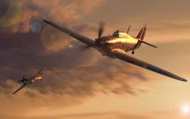 Two Hawker Hurricane aircraft flying through a dramatic sunset sky, HD Desktop Wallpaper