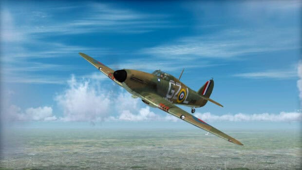 A Hawker Hurricane flies over a vast landscape under a blue sky, HD Desktop Wallpaper