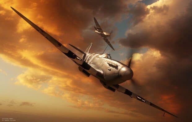 A Hawker Hurricane aircraft flies through dramatic orange and dark clouds in the sky, HD Desktop Wallpaper
