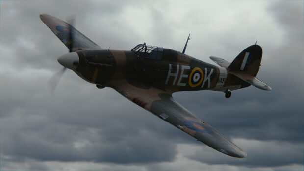 A Hawker Hurricane in flight with detailed markings against a cloudy sky, 4K Desktop Wallpaper