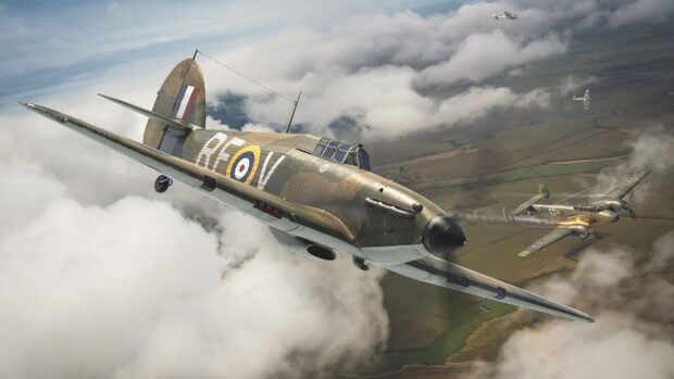 A Hawker Hurricane flies above clouds pursuing enemy aircraft during a dogfight, HD Desktop Wallpaper