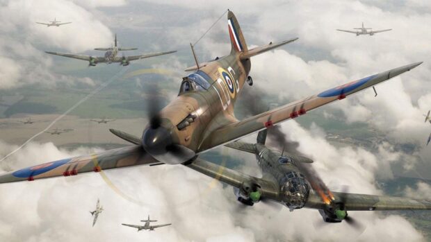 A Hawker Hurricane flies amidst a WWII aerial battle with other warplanes in the cloudy sky, HD Desktop Wallpaper
