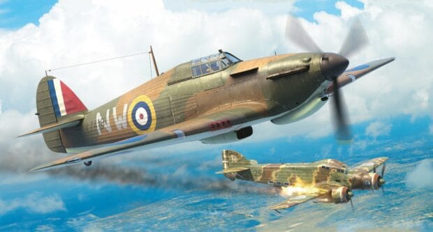 A Hawker Hurricane aircraft is shown flying in combat against an enemy plane, HD Desktop Wallpaper