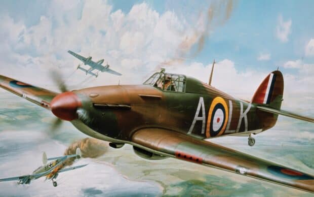 A Hawker Hurricane aircraft is flying above a burning enemy plane in a dramatic combat scene, HD Desktop Wallpaper
