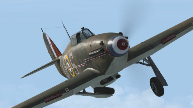 A Hawker Hurricane aircraft flies with landing gear extended against a clear sky, HD Desktop Wallpaper