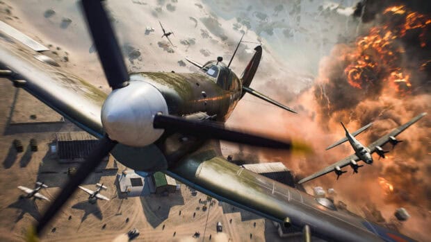 A Hawker Hurricane aircraft is engaged in fierce aerial battle above a burning battlefield, 4K Desktop Wallpaper