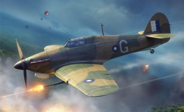 A Hawker Hurricane is shown firing weapons during an aerial battle over forest landscapes, 2K Desktop Wallpaper