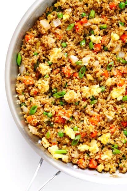 A close up of quinoa mixed with carrots, peas, onions, and scrambled eggs in a pan, HD Mobile Wallpaper