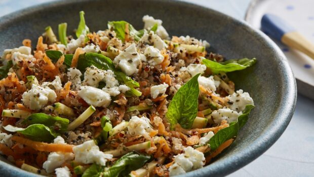 A close up of a healthy quinoa salad with fresh vegetables and herbs, 2K Desktop Wallpaper