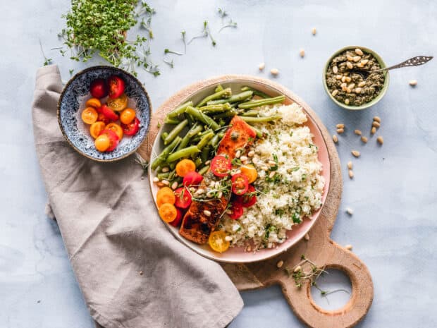 A plate of quinoa with grilled salmon, green beans, and cherry tomatoes served with herbs, HD Desktop Wallpaper