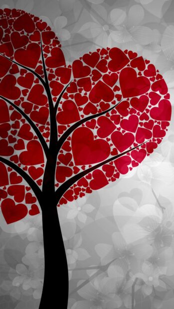 A tree with red heart shapes forms a beautiful design on a gray background, 4K Phone Wallpaper