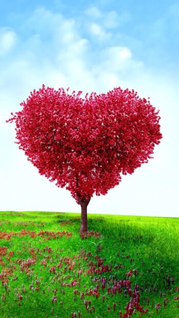 A heart shaped red tree stands vibrant against a blue sky, HD Phone Wallpaper