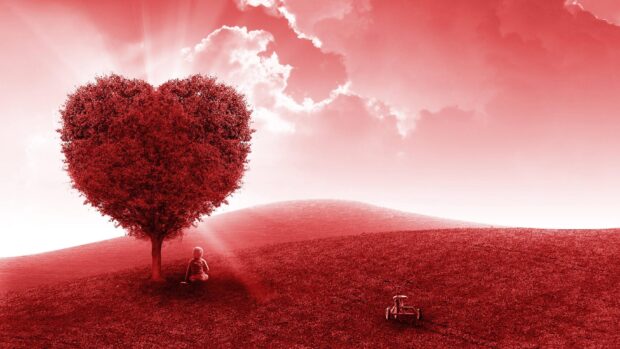 A child sits peacefully under a heart shaped tree in a red landscape, 2K Desktop Wallpaper