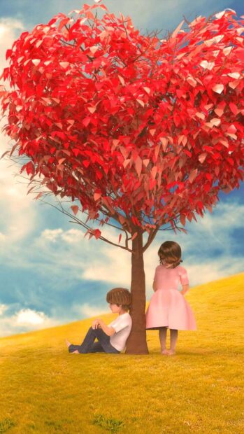 A heart shape formed by red leaves on a tree with two children nearby, HD Phone Wallpaper