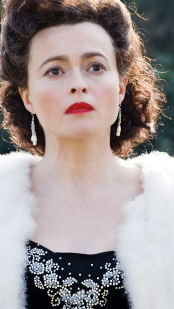 Helena Bonham Carter wears a black dress with silver details and red lipstick, HD Mobile Wallpaper