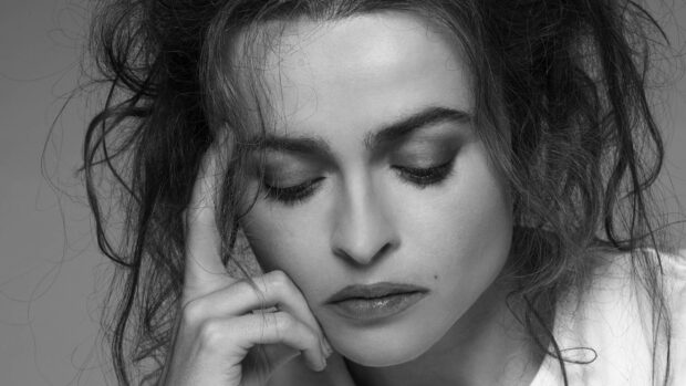 A close up portrait of Helena Bonham Carter with her eyes closed, 2K Desktop Wallpaper