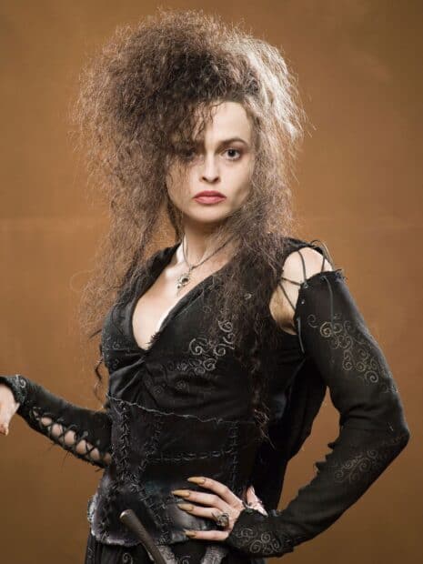 Helena Bonham Carter dressed in gothic style with wild hair and intense expression, 2K Desktop Wallpaper