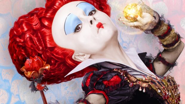 Helena Bonham Carter wears a theatrical red wig and makeup in an intricate costume, 4K Desktop Wallpaper