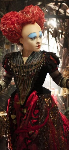 Helena Bonham Carter in a detailed costume with red hair and dramatic makeup, HD Mobile Wallpaper