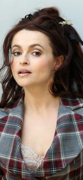 Helena Bonham Carter poses wearing a plaid jacket with lace underneath, HD Phone Wallpaper