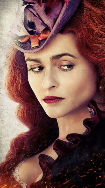 Helena Bonham Carter wears a unique hat and dark clothing with red hair, 2K Phone Wallpaper